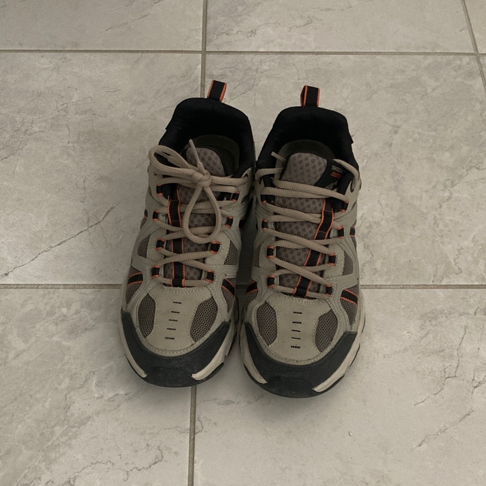 Skechers Gray and Black Athletic Shoes with Orange Accents